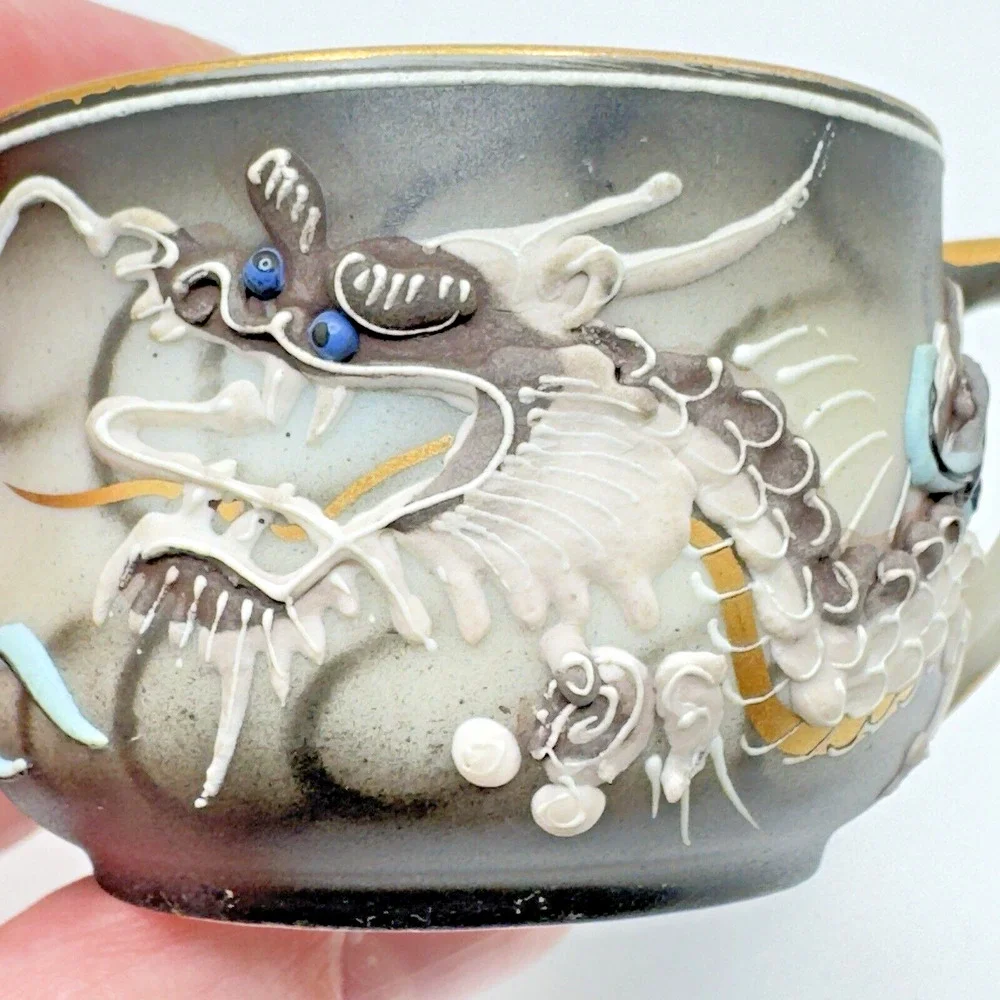 Vintage Geisha Lithophane Dragonware Small Teacup & Saucer Moriage Black Japan